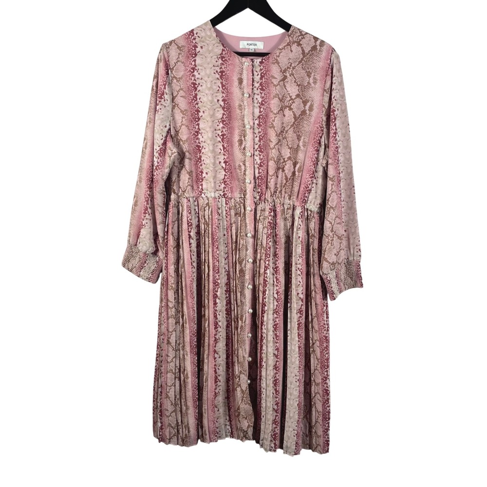 Porter XL Midi Dress Pink Snake Print Long Sleeve Pleated Skirt Boho Cottagecore